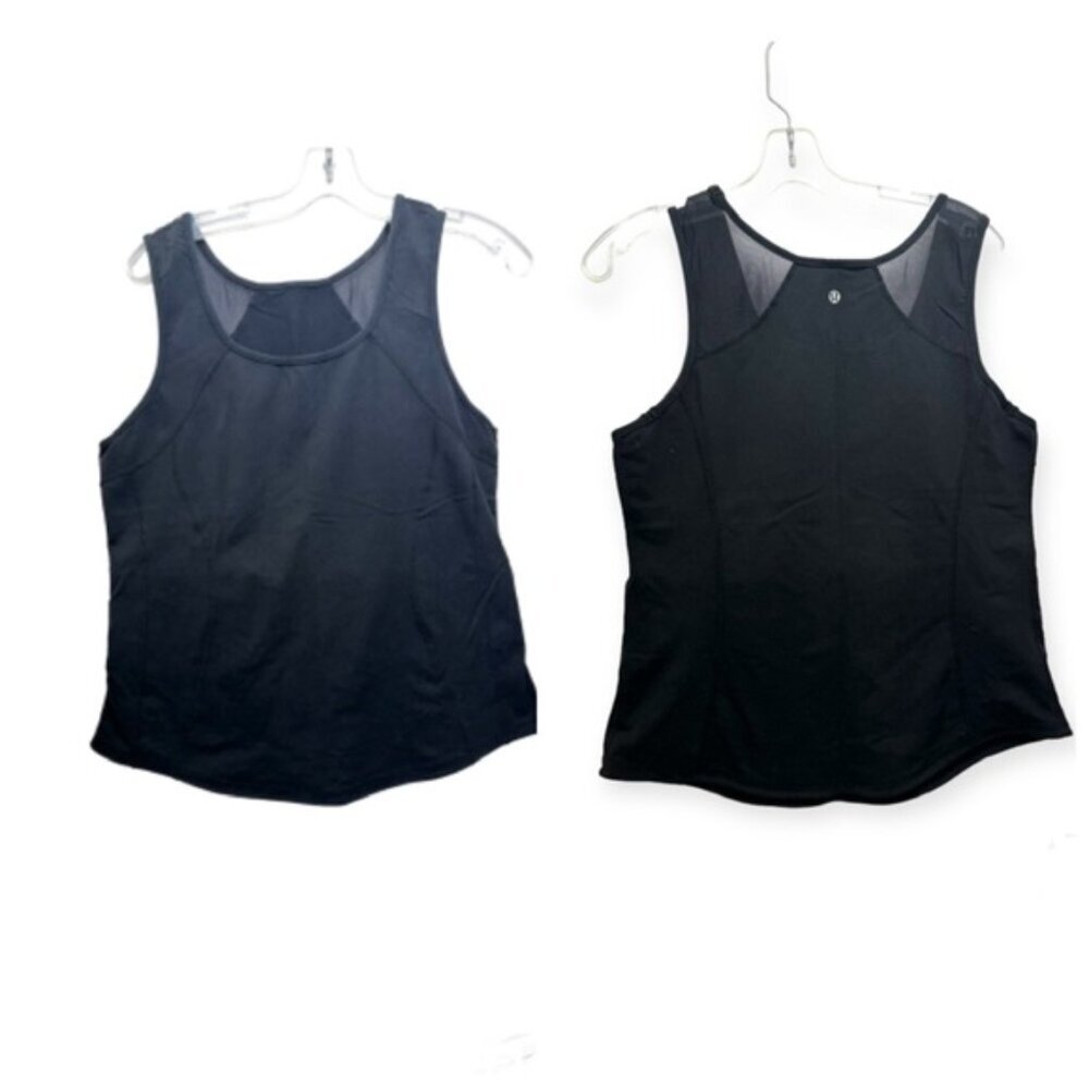 Lululemon Wide Strap Mesh Back Round Neck Hem Logo Tank Top Stretch Luon Top 14